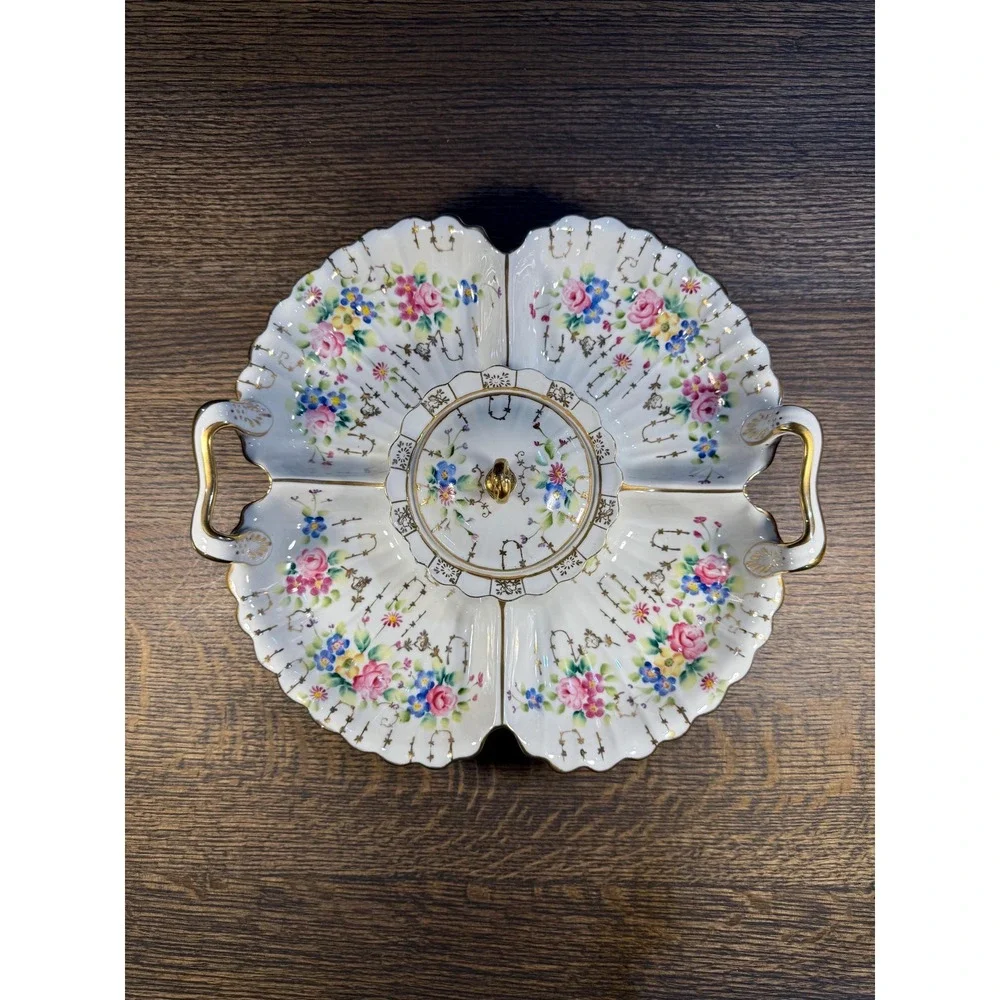 Antique Dresden Porcelain Relish Dish: Hand-Painted‎ Roses, Gilded Handles